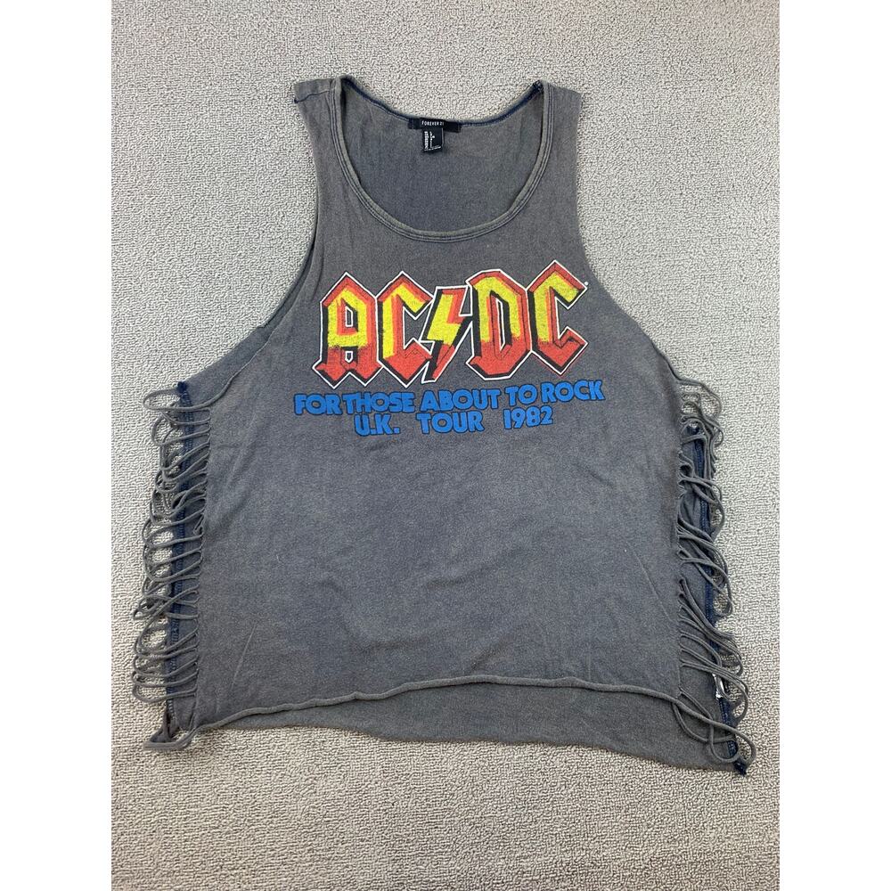 Forever 21 Women Large Gray AC/DC Graphic Fringe Cut-Out Tank‎ Top